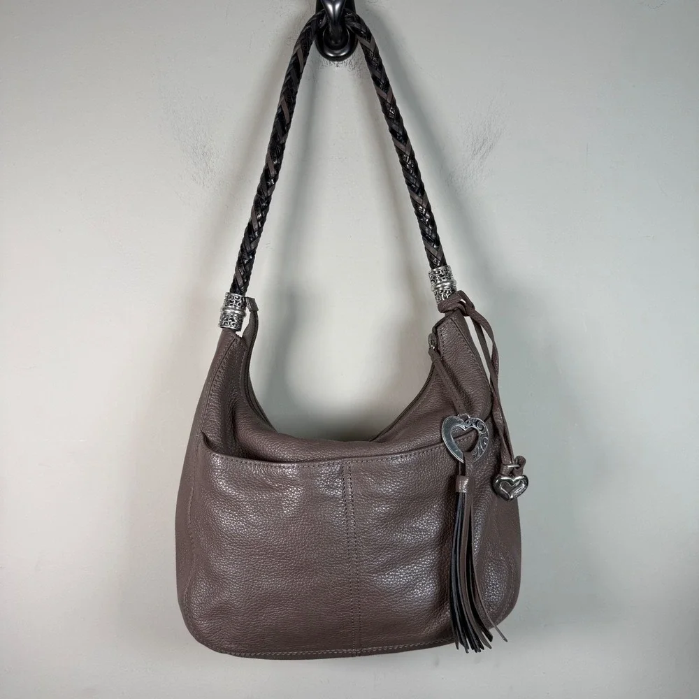 Brighton Barbados Pewter Pebbled Leather Hobo Shoulder Bag